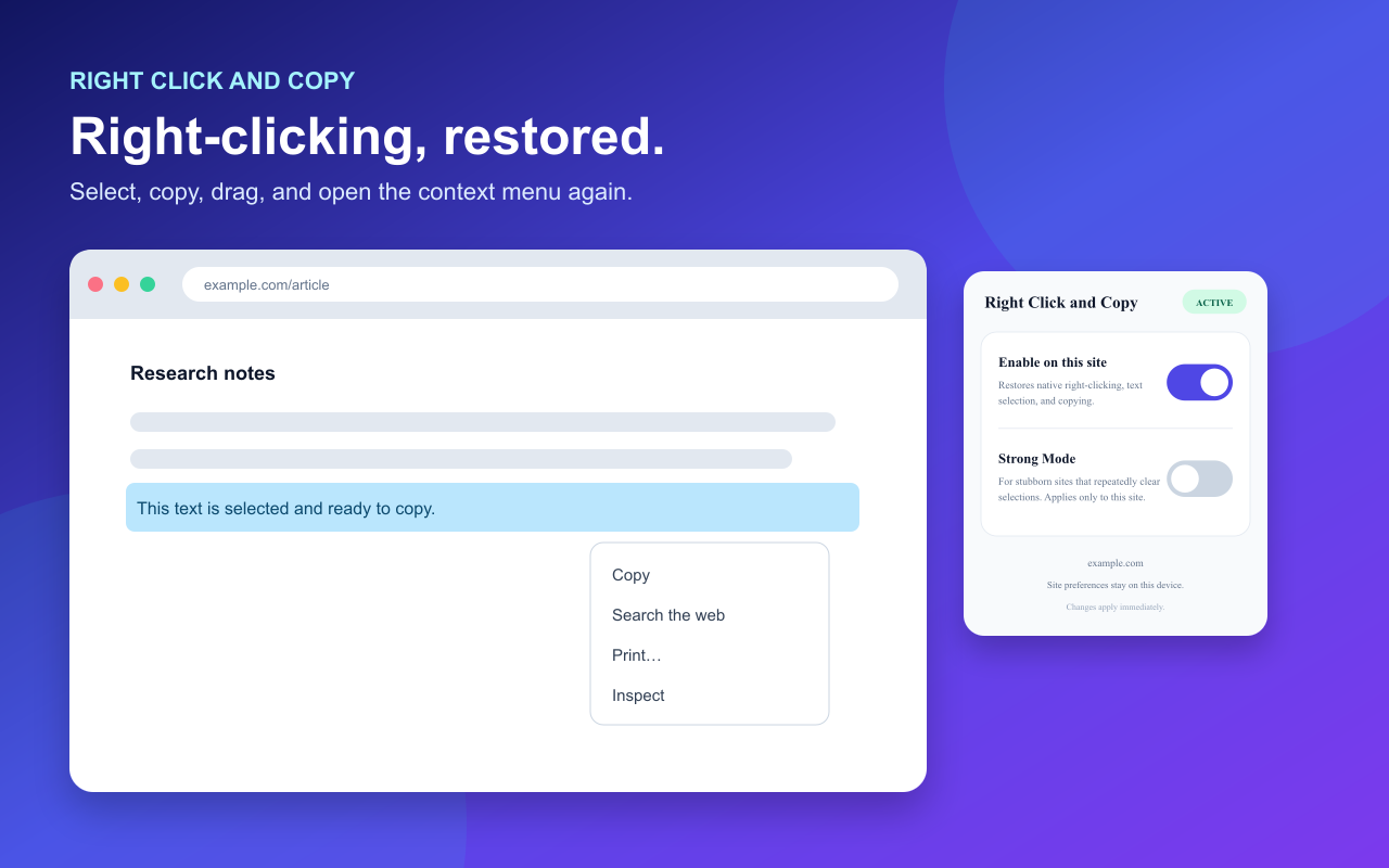 Right Click and Copy restoring selected text and a native context menu