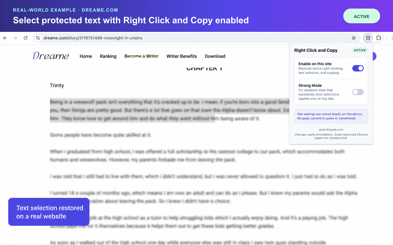 Text selected on a real website while Right Click and Copy is active